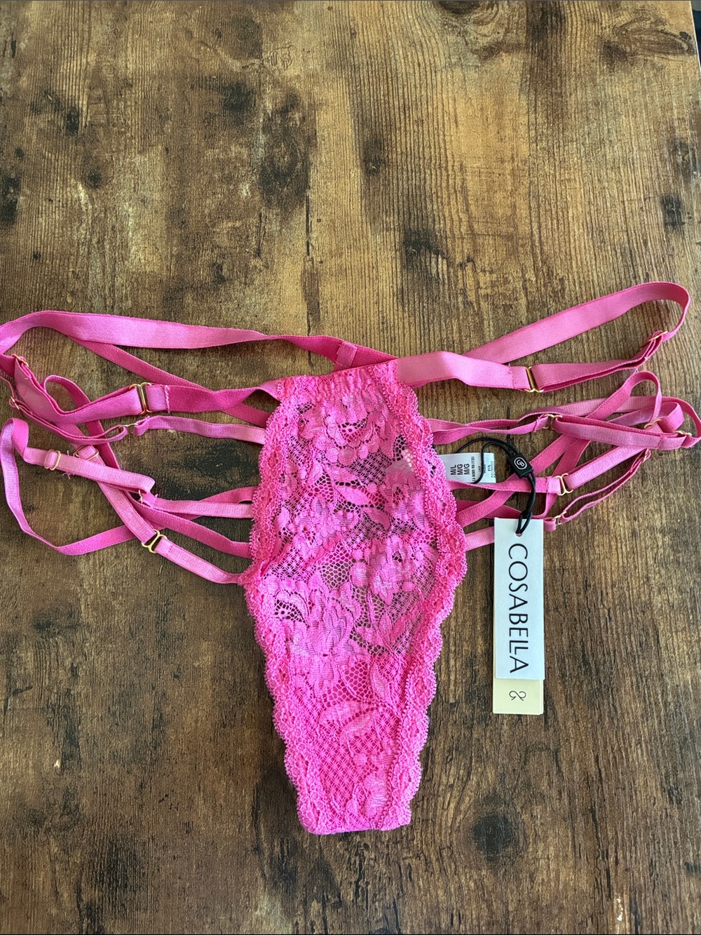 Cosabella Bright Rani Pink Floral Lace adjustable Strappy Thong NSN NWT M/L